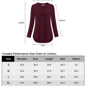 Youtalia Long Sleeve Tops for Women, Ladies Business Casual Shirts Loose Cute V Neck Chiffon Blouses Solid Color Pleated Flowy Tunic Shirts for Party (X-Large, Dark Cyan)