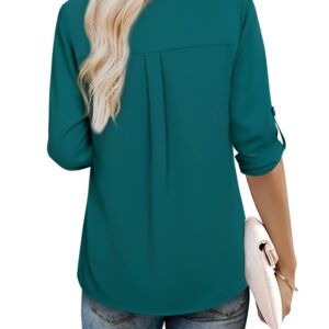 Youtalia Long Sleeve Tops for Women, Ladies Business Casual Shirts Loose Cute V Neck Chiffon Blouses Solid Color Pleated Flowy Tunic Shirts for Party (X-Large, Dark Cyan)