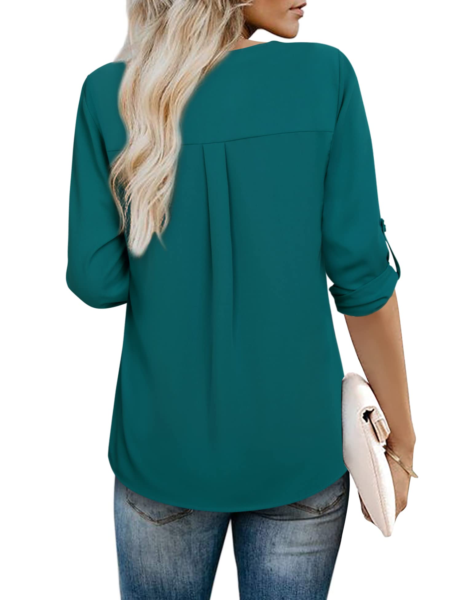 Youtalia Long Sleeve Tops for Women, Ladies Business Casual Shirts Loose Cute V Neck Chiffon Blouses Solid Color Pleated Flowy Tunic Shirts for Party (X-Large, Dark Cyan)