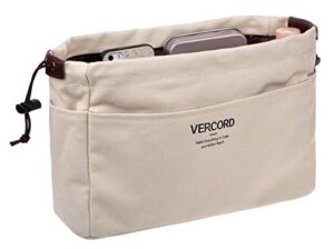 vercord canvas handbag organizers, sturdy purse insert organizer bag in bag, 10 pockets beige small