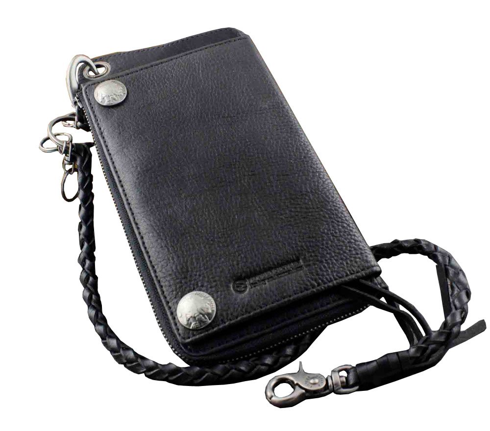 New Men's Biker Rocker Long Genuine Leather Wallet w/Purse Chain Black