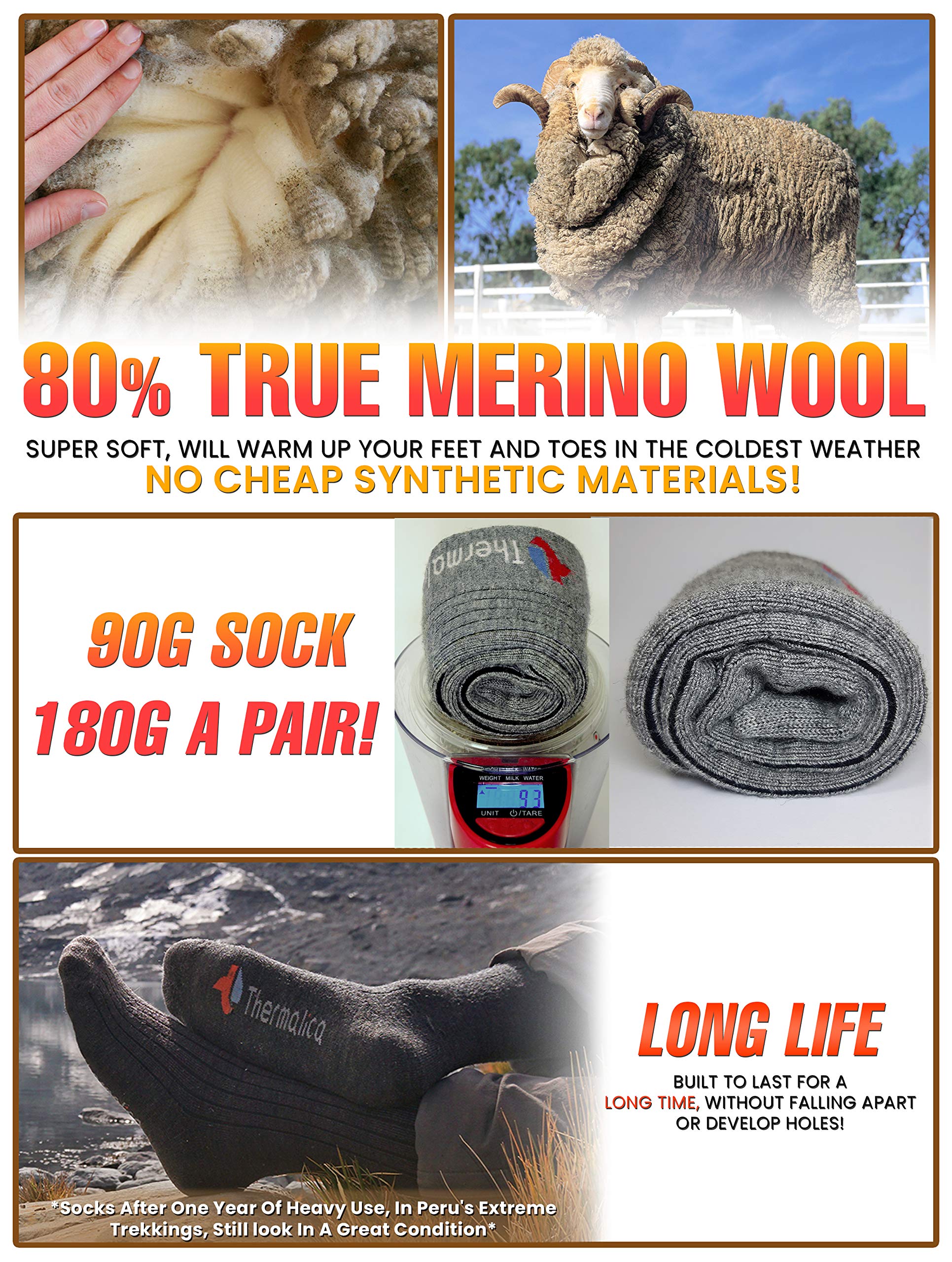 Luxury Thermal 80% True Merino Wool Socks-Over Calf, For Boots, Hiking,Ski &Home Black Gray