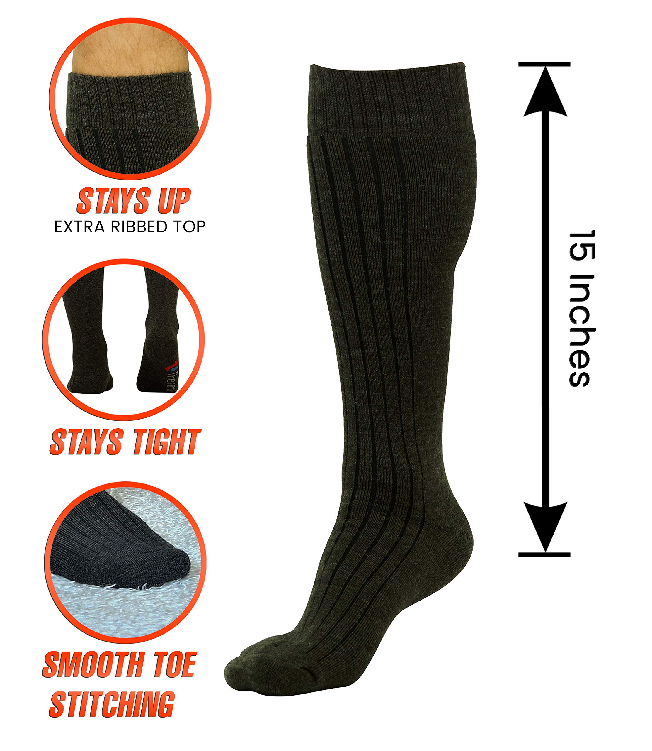 Luxury Thermal 80% True Merino Wool Socks-Over Calf, For Boots, Hiking,Ski &Home Black Gray