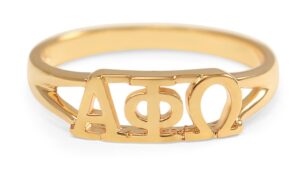 the collegiate standard alpha phi omega co ed 14k gold plated sorority ring with greek letters (7.0)