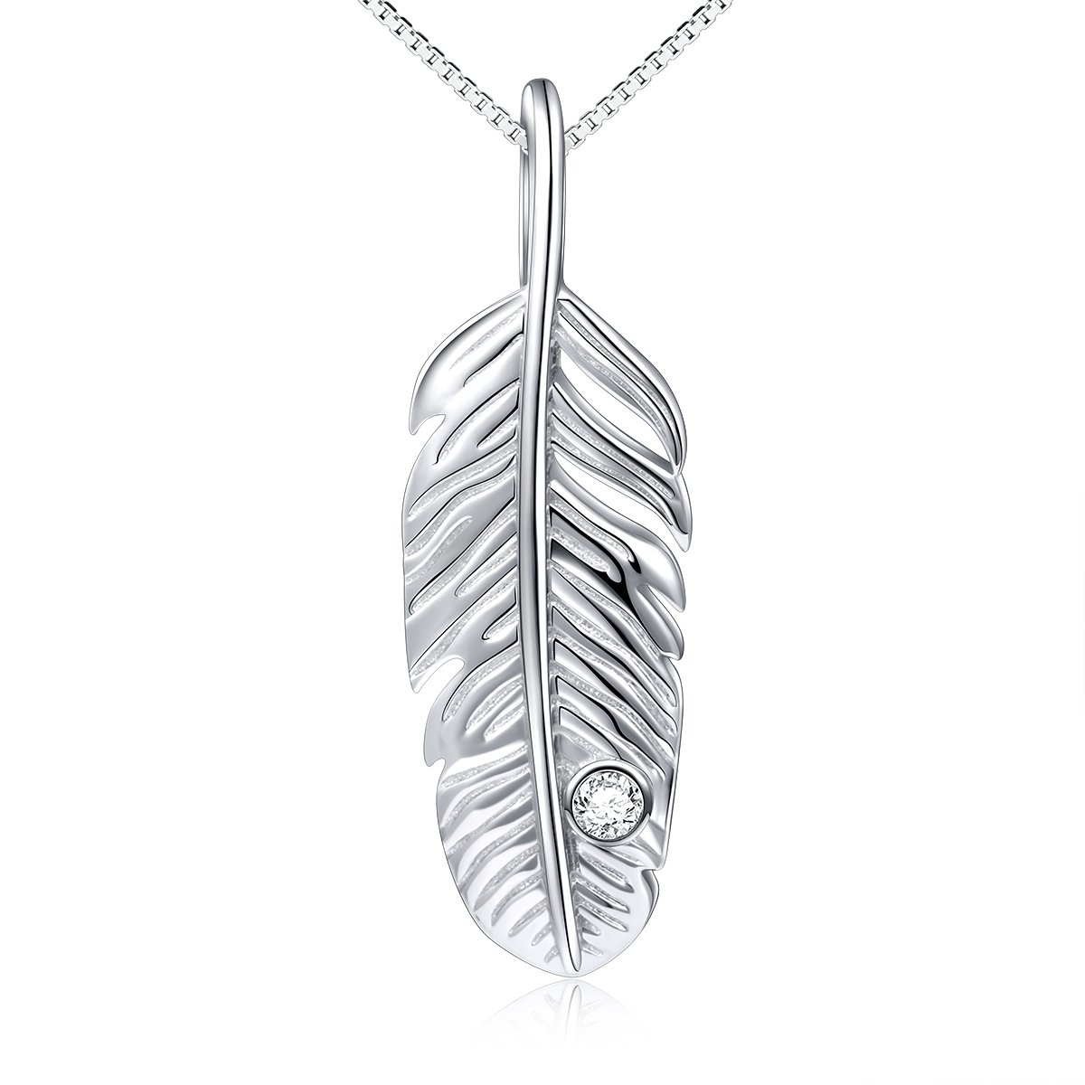 DAOCHONG S925 Sterling Silver Feather Pendant Necklace 18inches Box Chain