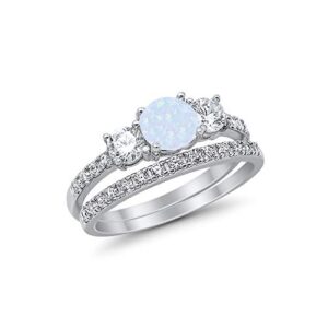 blue apple co. 3-stone wedding bridal set ring band round created white opal cubic zirconia 925 sterling silver, size - 7