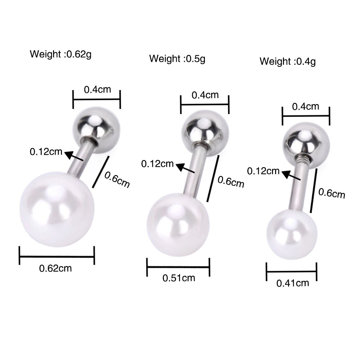 IPINK-3 Pcs 16G (1.2mm) Pearl Tragus Earring Piercing Stud Set Surgical Steel Cartilage Barbell