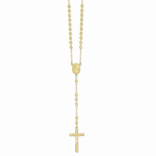 Diamond2Deal 14k Yellow Gold Diamond-cut 3mm Beaded Semi-solid Rosary Necklace Fine Jewelry Gift for Women