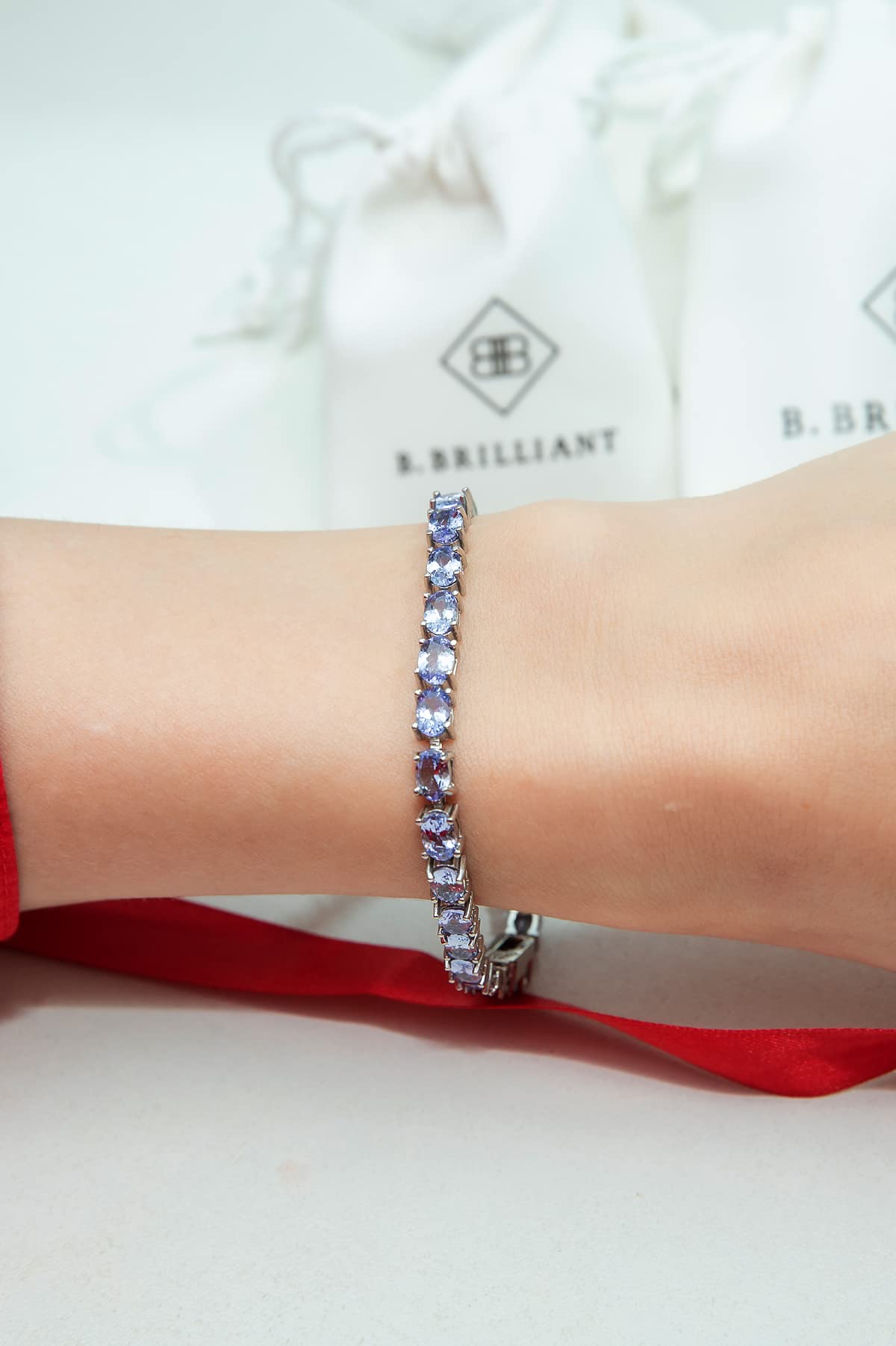 B. BRILLIANT Sterling Silver Oval-cut Genuine Natural Tanzanite Tennis Bracelet for Women with Gift Box