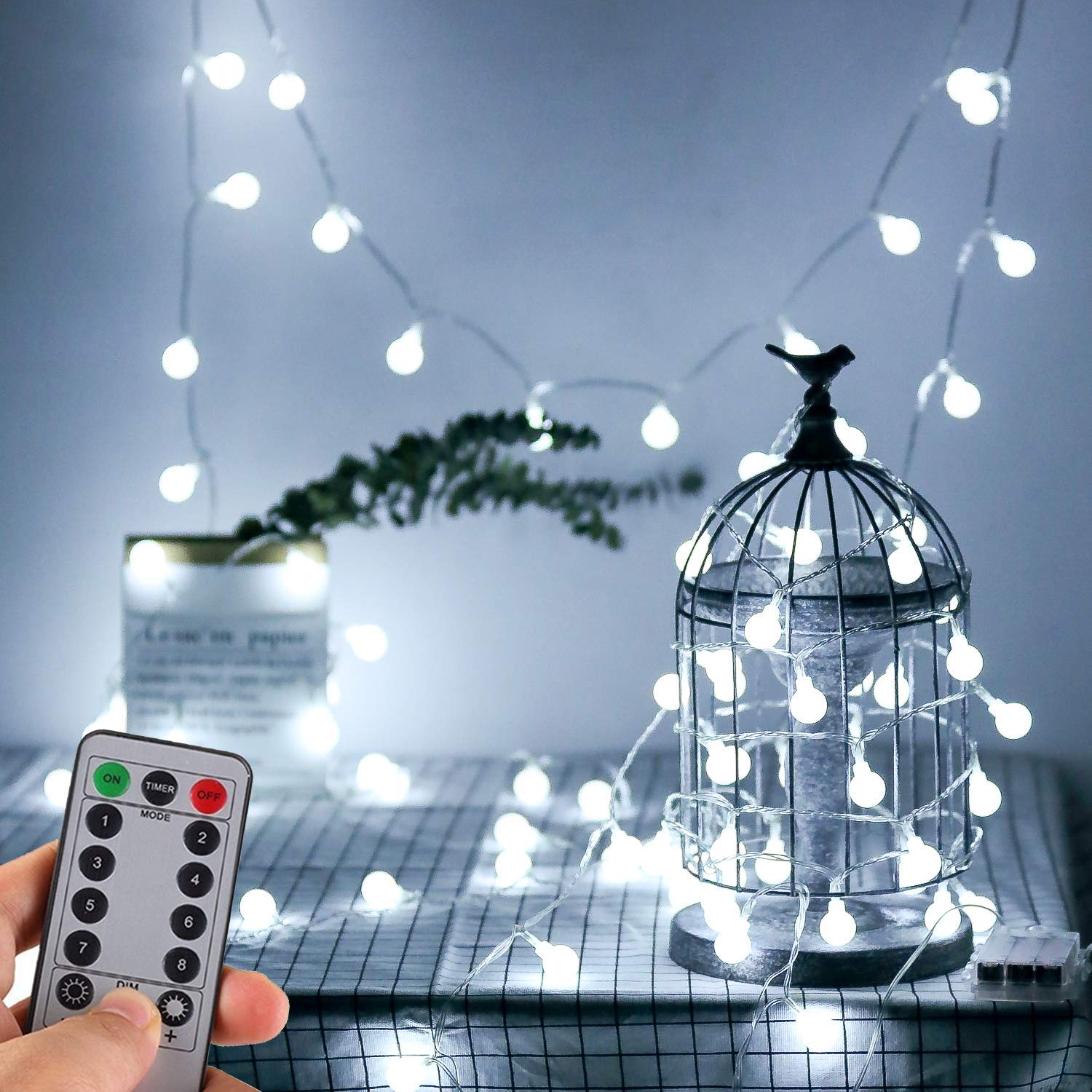 WERTIOO Battery Operated String Lights 33ft 100 LEDs Globe Christmas Lights with Remote Control for Outdoor/Indoor Bedroom,Garden,Christmas Tree[8 Modes,Timer ] (White)