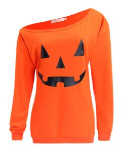 gsvibk womens halloween sweatshirts halloween pumpkin face long sleeve sweatshirts off shoulder halloween shirts 97-orange xl