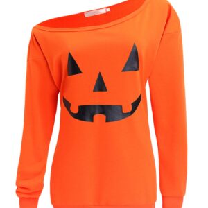 GSVIBK Womens Halloween Sweatshirts Halloween Pumpkin Face Long Sleeve Sweatshirts Off Shoulder Halloween Shirts 97-Orange XL