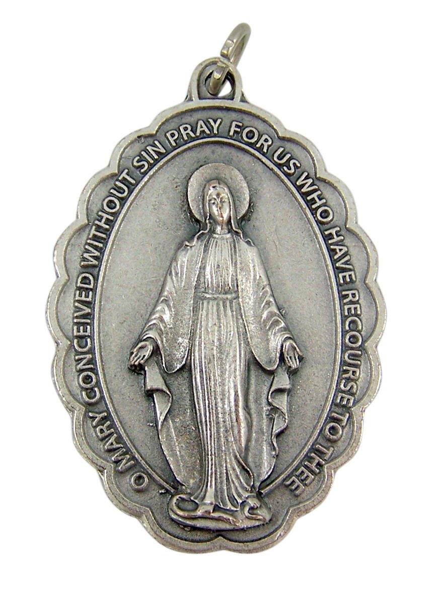 Devotional Gifts and Medals Silver Toned Our Lady of Grace Miraculous Medal with Scallop Border, 2 1/4 Inch