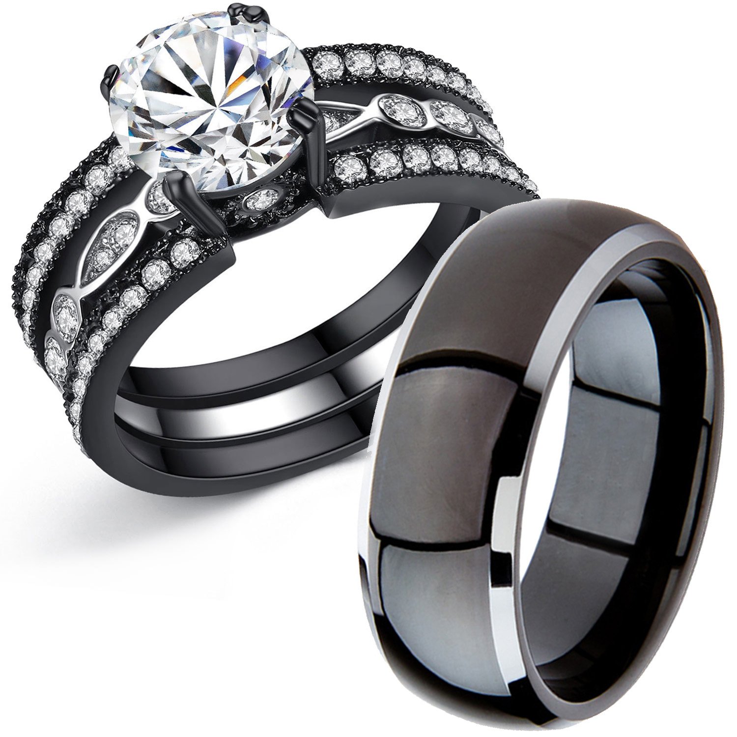 MABELLA Couple Rings Black Men’s Titanium Matching Band Women CZ Stainless Steel Engagement Wedding Sets Size Women 5 Men 9