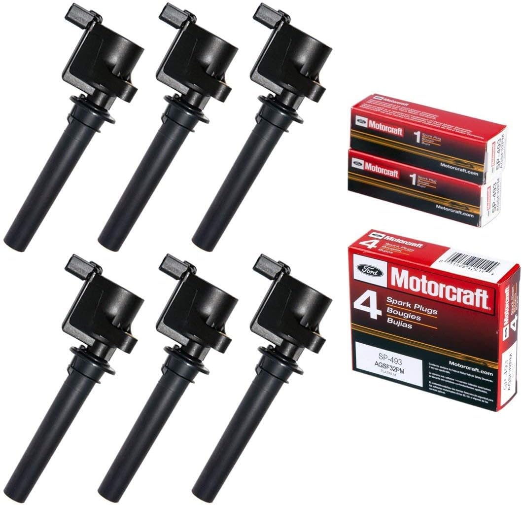 MAS Set of 6 Ignition Coil & 6 Motorcraft Platinum Spark Plugs AGSF32PM SP493 Compatible with Ford Mazda Tribute Mercury 3.0 V6 DG513 DG500 C1458 FD502 UF406 C1387 FD495