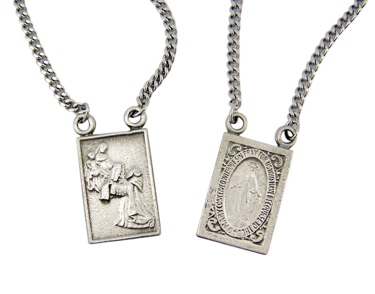 Devotional Scapulars Pewter Scapular Medals with Stainless Steel Rhodium Finished Chain, 18 Inch