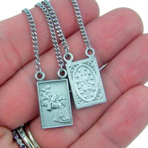 Devotional Scapulars Pewter Scapular Medals with Stainless Steel Rhodium Finished Chain, 18 Inch