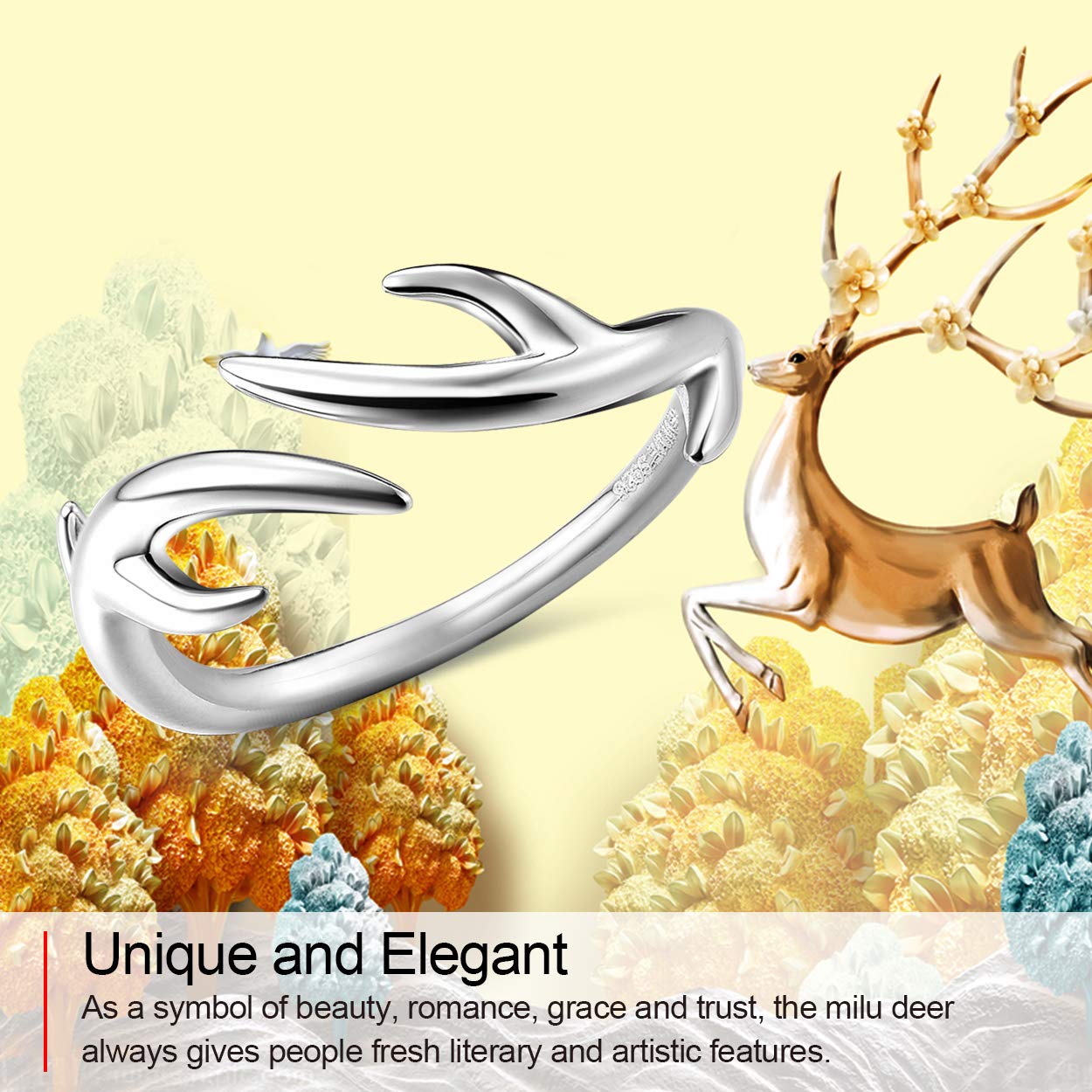 Jewever S925 Sterling Silver Original Deer Forest Antlers Women Open Ring Birthday Gift Jewelry