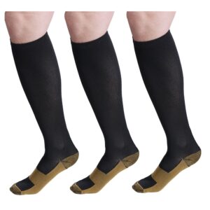 bcurb graduated compression socks women and men - best medical, nursing, running, fitness, sports, travel & flight sock - over the calf below knee high (black/copper - 3 pair, xxl)