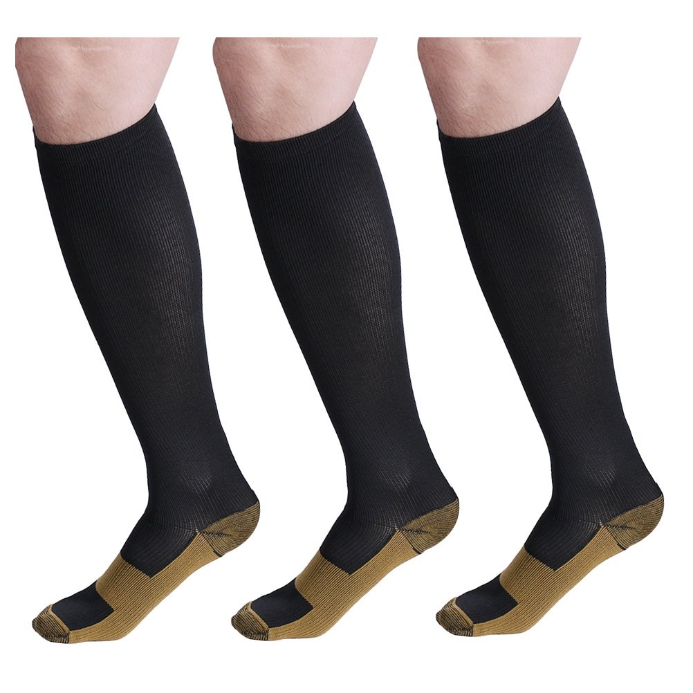 Bcurb Graduated Compression Socks Women and Men - Best Medical, Nursing, Running, Fitness, Sports, Travel & Flight Sock - Over The Calf Below Knee High (Black/Copper - 3 Pair, XXL)