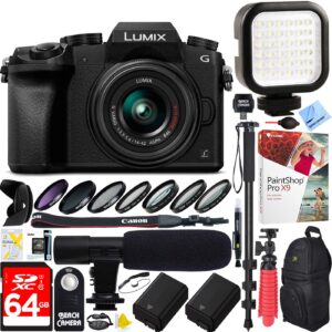 panasonic lumix g7 interchangeable lens 4k ultra hd black dslm camera with 14-42mm lens bundle with 64gb memory card, microphone, led light and accessories (17 items)