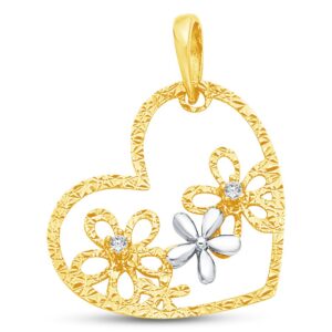 14K Two 2 Tone White and Yellow Gold Ornate Flower Heart Charm Pendant with CZ Cubic Zirconia Accent (20x16 mm)