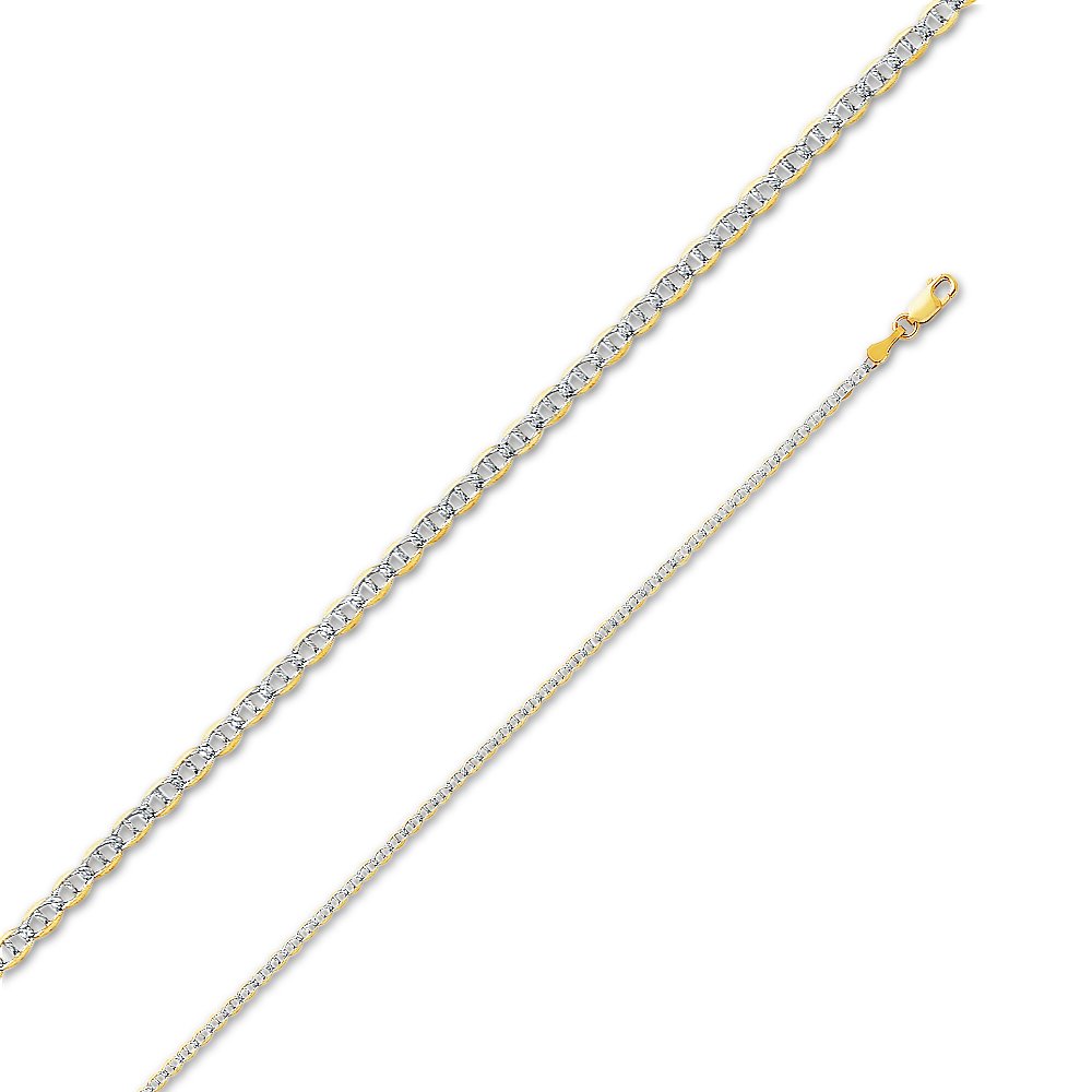 14k Two Tone Yellow and White Gold Solid 2mm Flat Mariner White Pave Diamond-Cut Chain Necklace with Secure Lobster Claw Clasp 18"