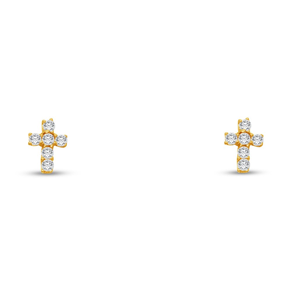 14K Yellow Gold CZ Cubic Zirconia Cross Crucifix Stud Earrings With Screw Back