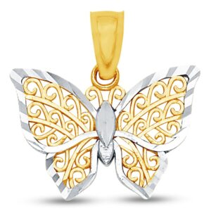 Sonia Jewels 14K Two 2 Tone Gold White and Yellow Diamond-Cut Filigree Butterfly Charm Pendant (12x15 mm)