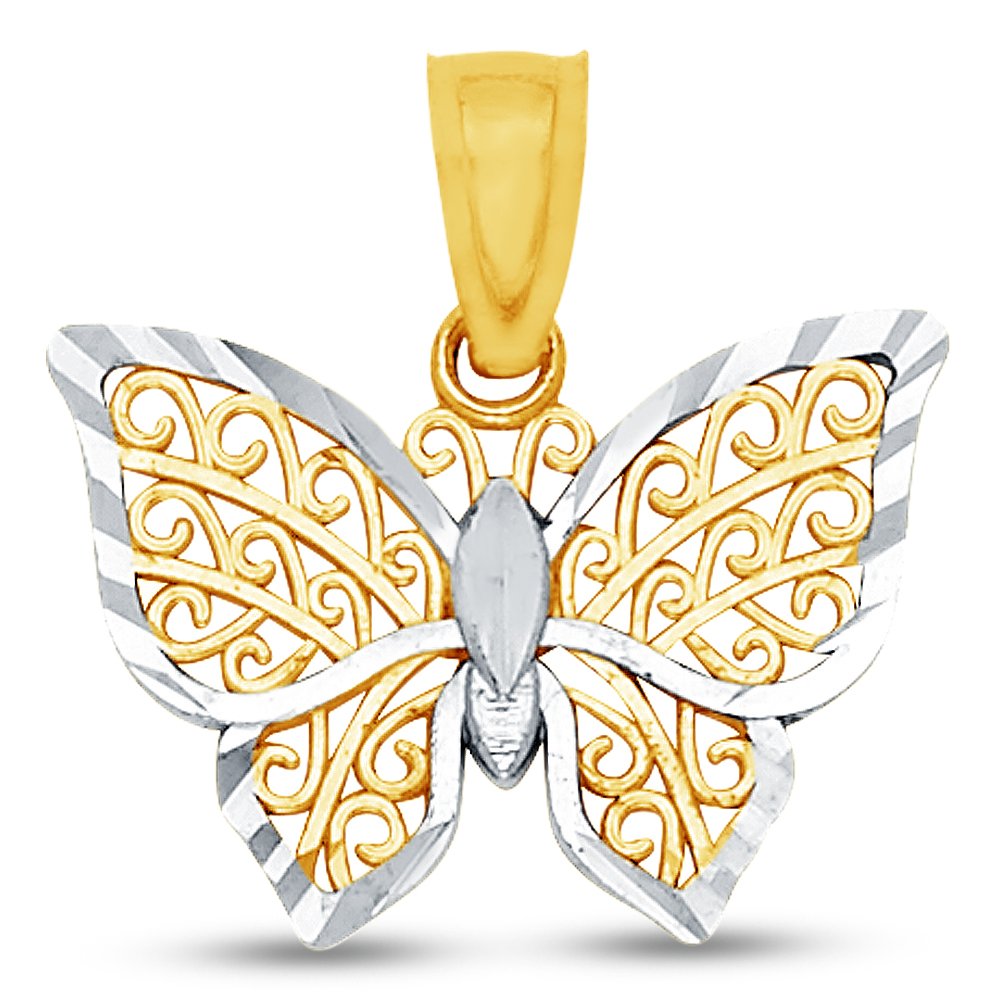 Sonia Jewels 14K Two 2 Tone Gold White and Yellow Diamond-Cut Filigree Butterfly Charm Pendant (12x15 mm)