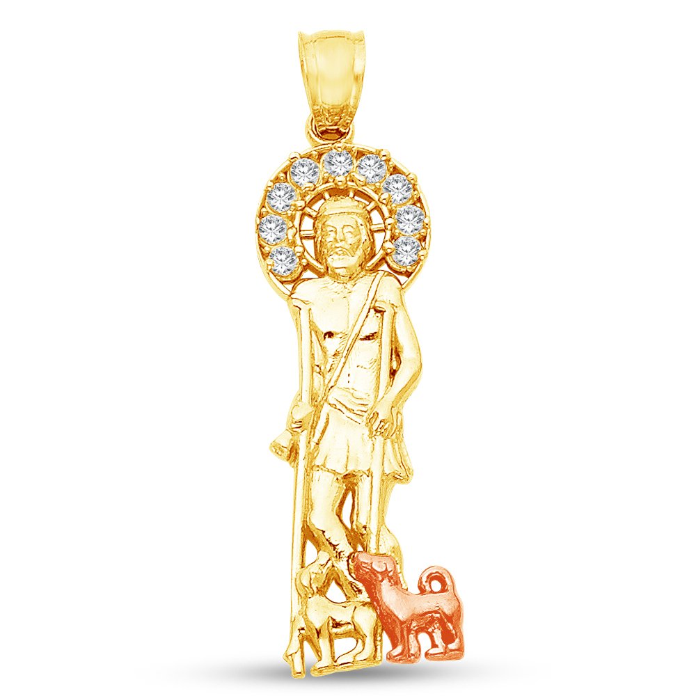 14K Two 2 Tone Rose and Yellow Gold Ornate St. Lazaro Pendant Charm with CZ Cubic Zirconia Accents (31x10 mm)