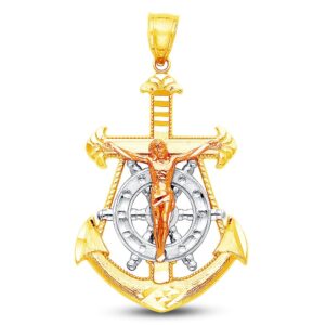 sonia jewels 14k tri 3 color gold milgrain and diamond-cut ornate religious catholic mariner crucifix cross charm pendant (40x25 mm)