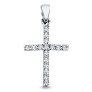 14k white gold religious christian slim cross crucifix charm pendant with cz cubic zirconia accents (20x12 mm)