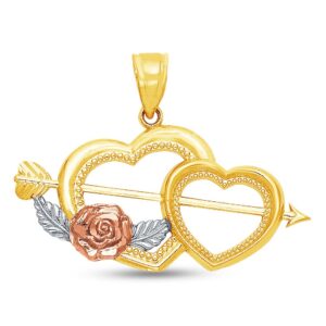 sonia jewels 14k tri 3 color gold diamond-cut ornate double heart charm pendant with cupid arrow and rose accent (17x30 mm)