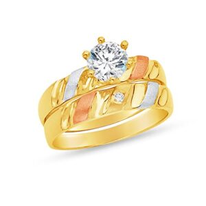 Size - 6 - Solid 14k Tri 3 Color Gold CZ Cubic Zirconia Round Cut Engagement Ring, and Wedding Band Bridal Set