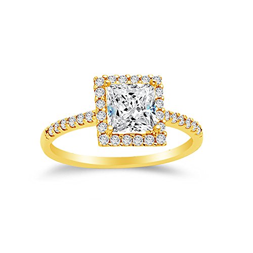 Size - 5 - Solid 14k Yellow Gold CZ Cubic Zirconia Princess Cut Halo Wedding Engagement Ring (1.5 ct.)