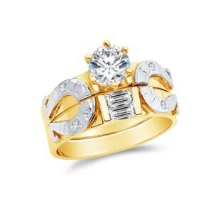 size - 4 - solid 14k two 2 tone white and yellow gold cz cubic zirconia round cut engagement ring and lucky horseshoe wedding band bridal set (1.05 ct.)