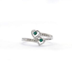 Dazzlingrock Collection Round Green Emerald & Diamond Ladies Double Heart Promise Ring in 925 Sterling Silver, Size 7