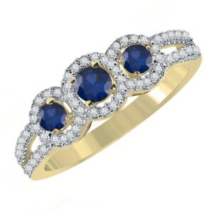 dazzlingrock collection round blue sapphire & white diamond 3 stone halo engagement ring for women in 10k yellow gold, size 10