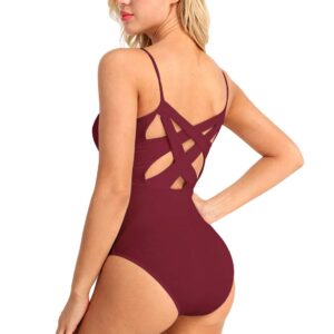 YiZYiF Women's Double Criss Cross Back V-Neck Ballet Dance Gymnastics Leotard Camisole Bodysuit Burgundy X-Large