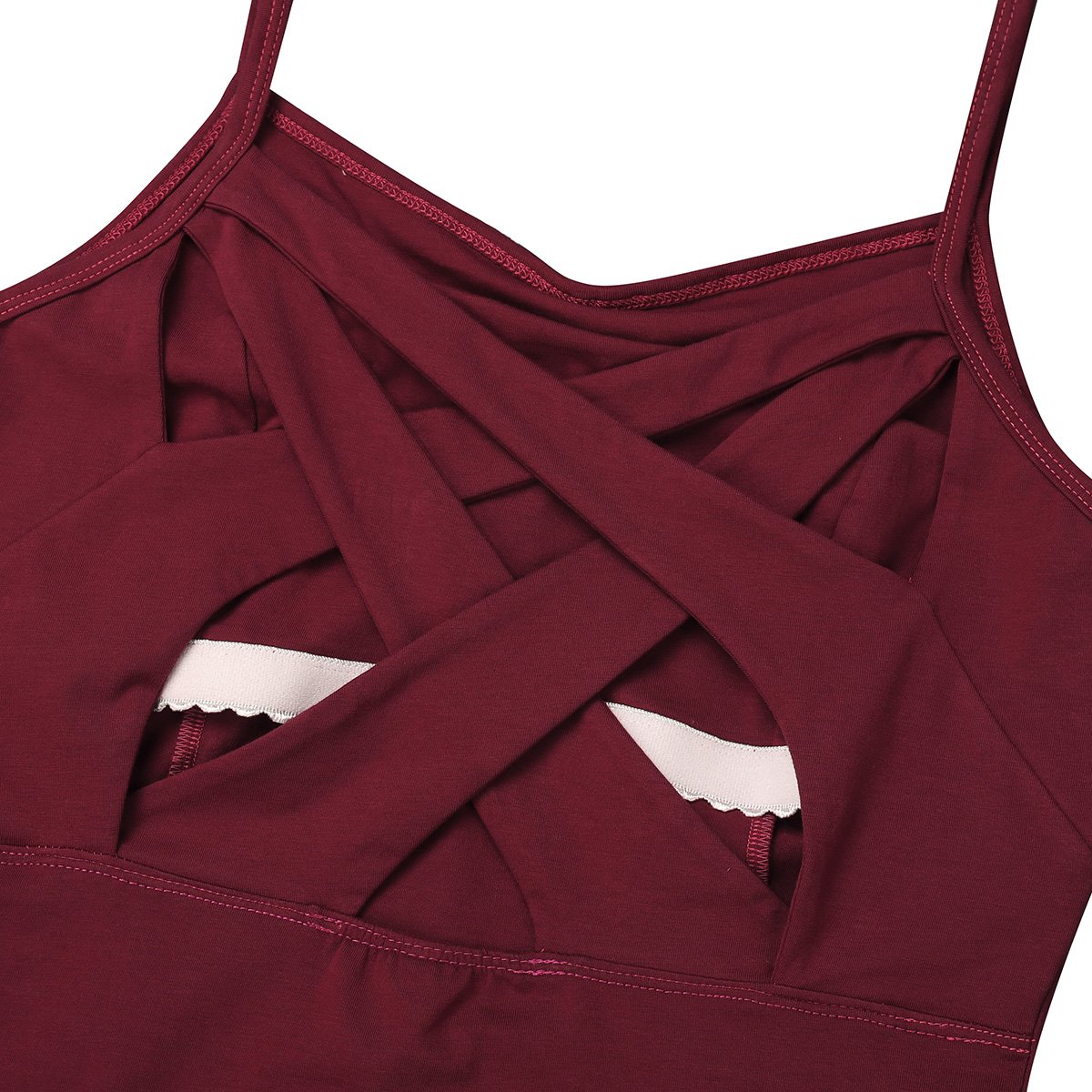 YiZYiF Women's Double Criss Cross Back V-Neck Ballet Dance Gymnastics Leotard Camisole Bodysuit Burgundy X-Large