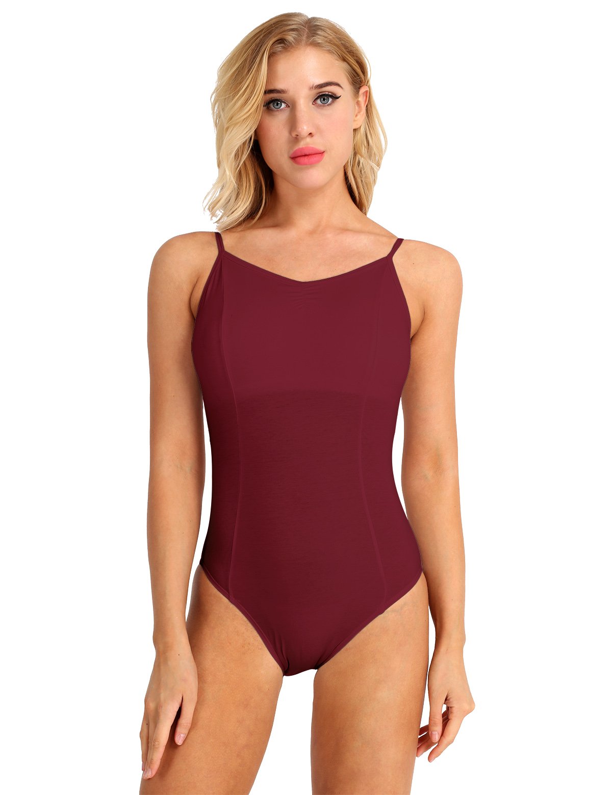 YiZYiF Women's Double Criss Cross Back V-Neck Ballet Dance Gymnastics Leotard Camisole Bodysuit Burgundy X-Large