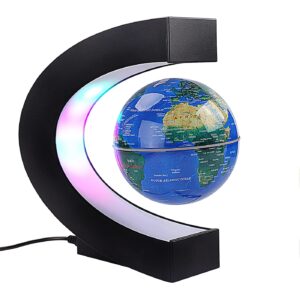 floating globe with colored led lights c shape anti gravity magnetic levitation rotating world map for gift home office desk decoration (blue)