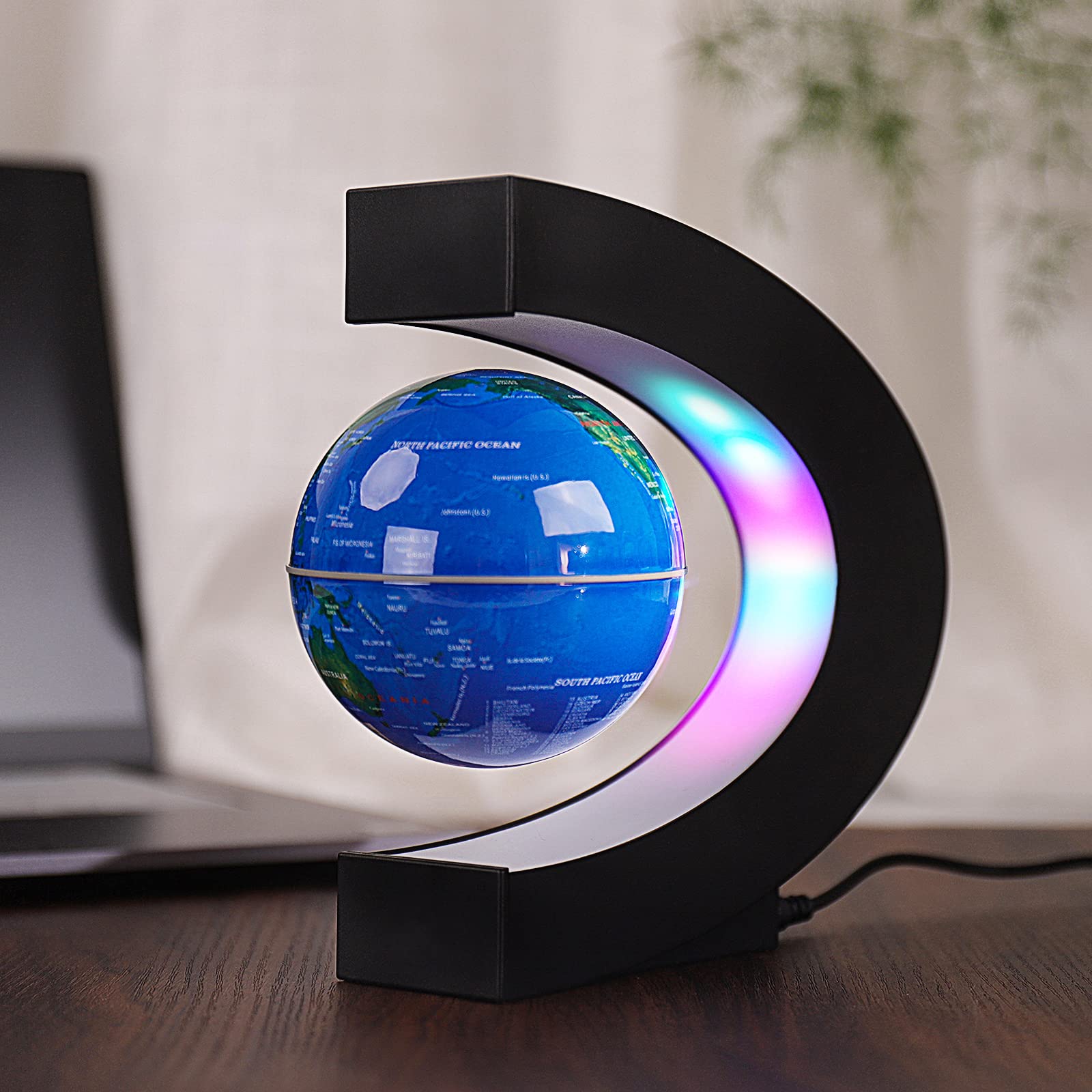 Floating Globe with Colored LED Lights C Shape Anti Gravity Magnetic Levitation Rotating World Map for Gift Home Office Desk Decoration (Blue)