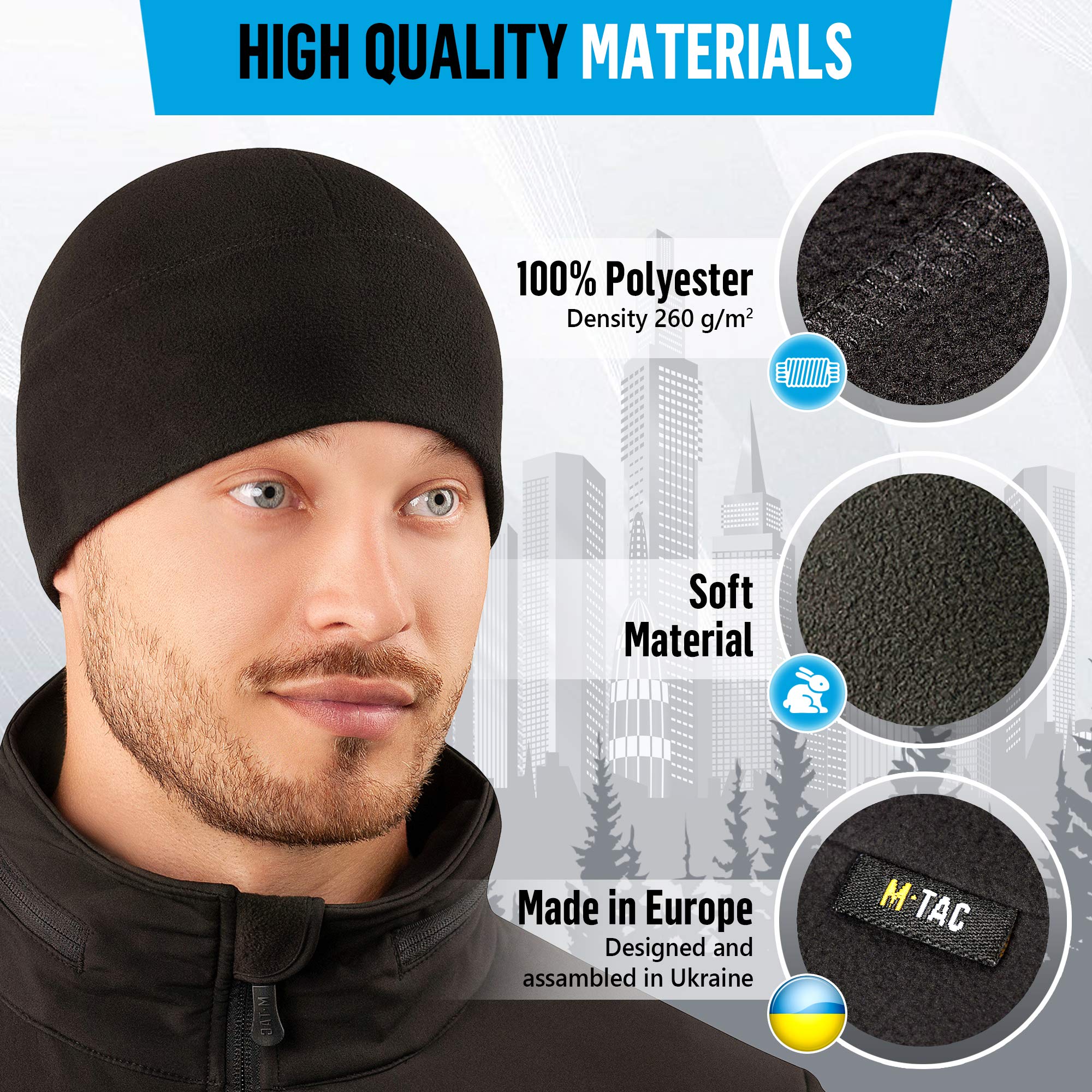 M-Tac Fleece Watch Cap - Army Military Tactical Beanie Hat Winter Skull Cap (Black, L)