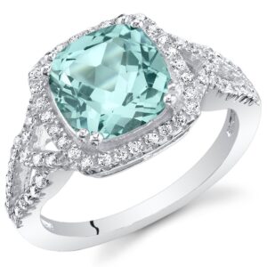 peora simulated paraiba tourmaline ring in sterling silver, 2 carats total cushion cut, enchanting halo design, comfort fit, size 5