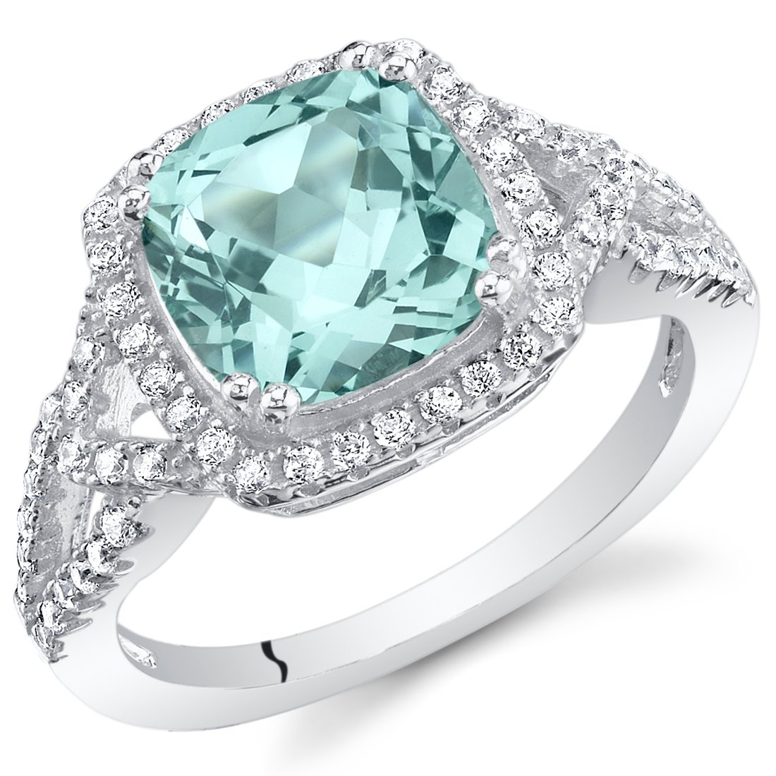 PEORA Simulated Paraiba Tourmaline Ring in Sterling Silver, 2 Carats total Cushion Cut, Enchanting Halo Design, Comfort Fit, Size 5