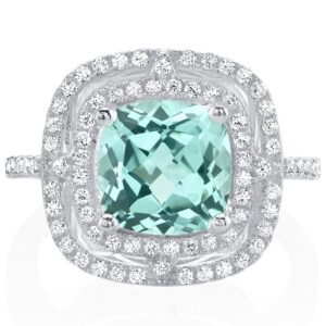 PEORA Simulated Paraiba Tourmaline Ring in Sterling Silver, 3 Carats total Cushion Cut, Double Halo, Comfort Fit, Size 7