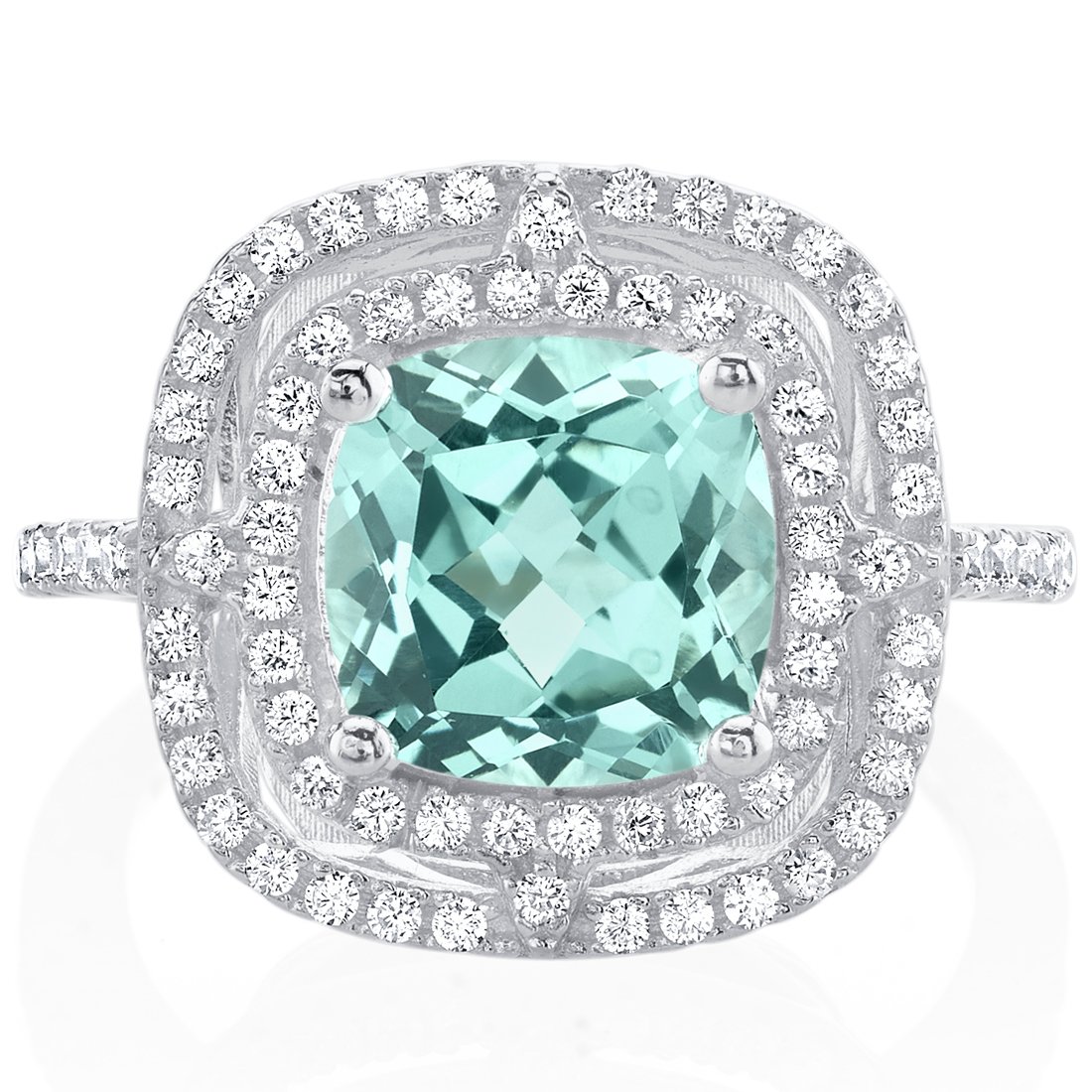 PEORA Simulated Paraiba Tourmaline Ring in Sterling Silver, 3 Carats total Cushion Cut, Double Halo, Comfort Fit, Size 7