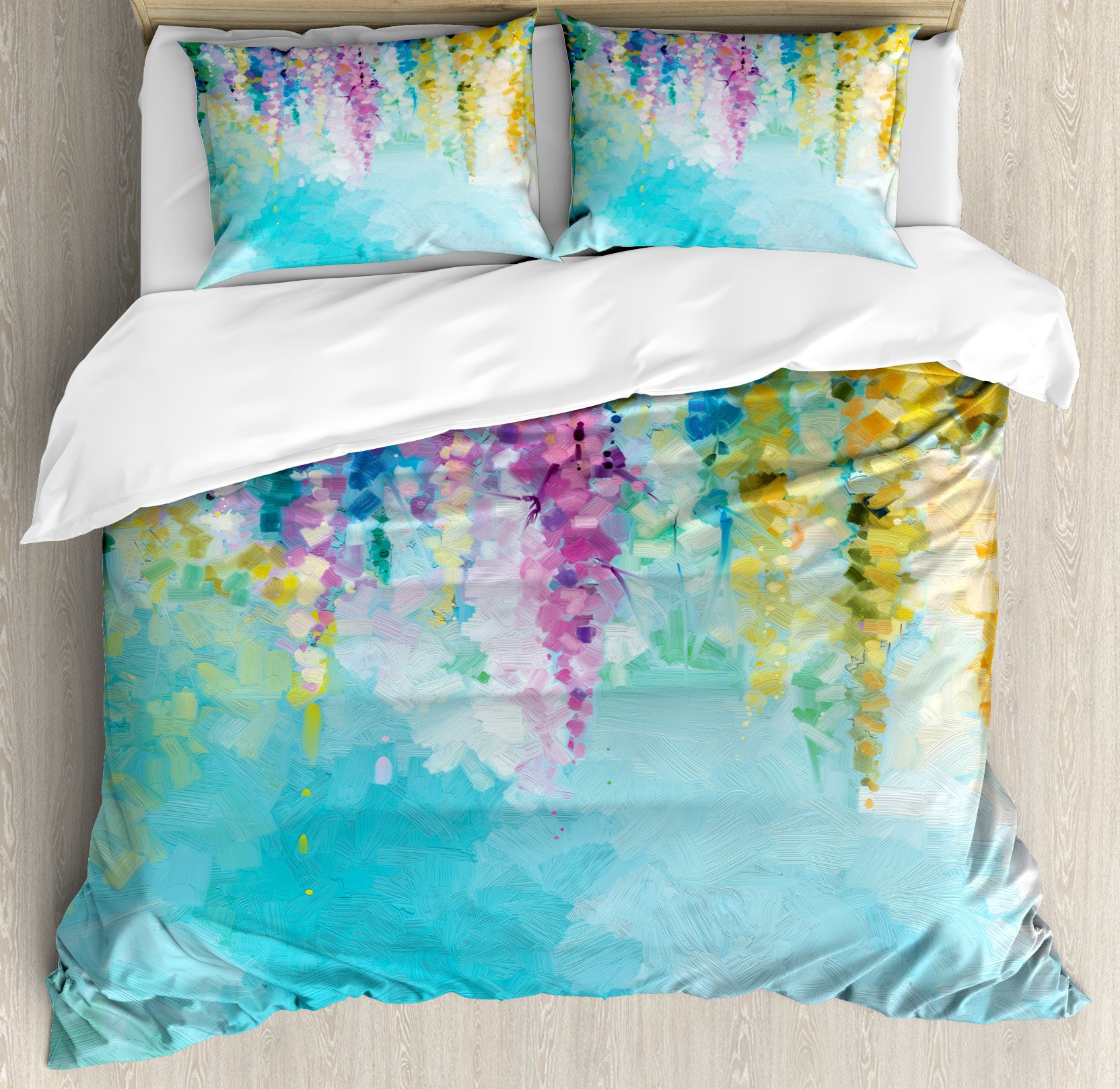 Ambesonne Flower Duvet Cover Set, Abstract Ivy Romantic and Landscape Spring Floral Art Nature Theme, Decorative 3 Piece Bedding Set with 2 Pillow Shams, King Size, Turquoise Purple